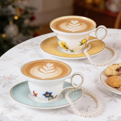 KAMMAK Tea Cups Set of 2,Ceramic Floral Pattern Demitasse Cup | Porcelain Espresso Cup with Saucer, 5.92 oz Handmade Elegant Bone China Tea Cups for Latte, Americano, Cappuccino - color: Ode to Spring (A.Green+B.Yellow)