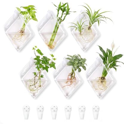 6 Set Wall Hanging Glass Terrariums Planter Wall Propagation Planters Diamond Flower Vase for Indoor Hydroponics Plants, Bathroom, Home Office Living Room Decor(Plants Not Included)