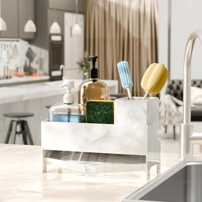 TIDIIABODE Sink Caddy Organizer for Kitchen Counter - White Marble Acrylic Sponge & Soap Bar Holder with Brush Slot, 9.2" Wide Countertop Storage Rack, Self-Draining, Rustproof