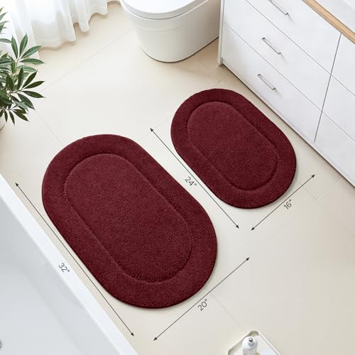 HOMEIDEAS Burgundy Red Oval Bathroom Rug Sets 2 Piece 20" x 32" + 16" x 24" | Microfiber Bath Mats, Non-Slip TPR Backing, Ultra Absorbent & Quick Dry, Machine Washable for Bathroom, Shower, Tub - color: Burgundy Red