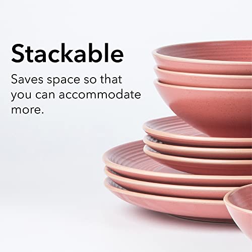 Arora RINGAR Round Stoneware 16pc Dinnerware Set of 4, Dinner Plates, Side Plates, Cereal Bowls, Mugs - Speckle Matte Red (395476) - color: Speckle Matte Red-Bowl/Mug, style: Round-Service for 4(16pcs)