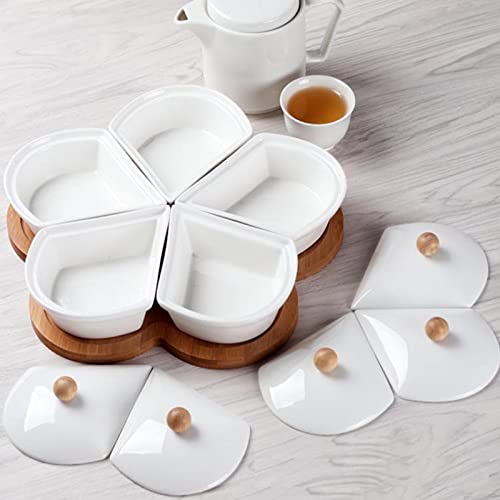Ceramic Divided Serving Dishes with Lids and Bamboo Platter, 5 Removable Dipping Bowls Relish Tray Nuts Dishes for Appetizer, Chips, Fruits, Candy, Condiment