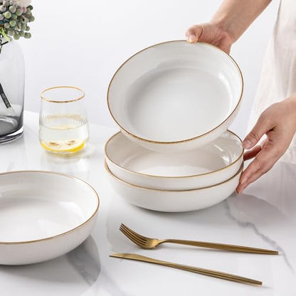 GBHOME 8.75'' Large Ceramic Pasta Bowls, 38oz Stoneware Pasta Serving Bowls Set of 4 for Kitchen, Wide Bowls for Fruit,Pasta,Salad,Oatmeal,Meal, Microwave Safe, Reactive Glaze-Pear White - color: Pearl White