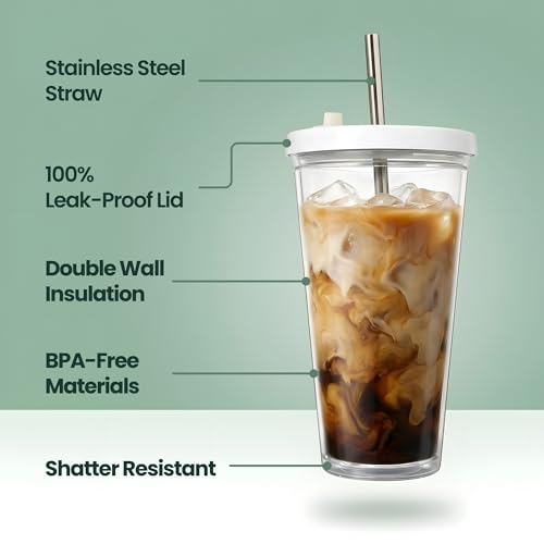 Reusable Iced Coffee Cup with Lid and Straw, 16 oz/Grande, BPA-Free Double-Wall Insulated Plastic Tumbler for Cold Drinks, Includes Clear Plastic Straw, Stainless Steel Straw and Cleaning Brush, White - color: White, size: 16 Ounces