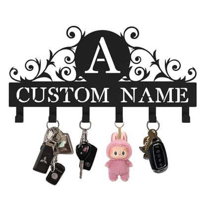 Key Holder Wall Mount with Personalized Name, Custom Metal Wall Key Holder, 6-12 Multi-Purpose Hooks for Keys, Leash & More - color: Vines