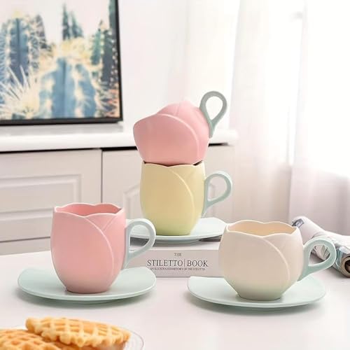 Ceramic Tulip Coffee Mug With Saucer Set, Comfortable Handle Tulip Flower Cup, Smooth Surface Heat-resistant Tea Cup For Office And Home (Pink) - color: Pink
