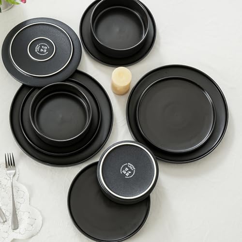 Ceramic Salad & Dessert Plates Set, 8 Inch, Set of 4, Modern Black | Stoneware, Dishwasher & Microwave Safe, Small Dinner Plates, For Cake, Fruits, Waffle, Pasta, Salad - color: Black, size: Salad Plates Set (4PCS)