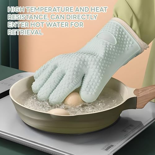 1 Pair Oven Mitts, Heat Resistant Protective Oven Gloves, Cotton Lined Silicone Kitchen Mitts Pair, Nonslip Silicone Cooking Gloves with Fingers (Mint Green) - color: Mint Green
