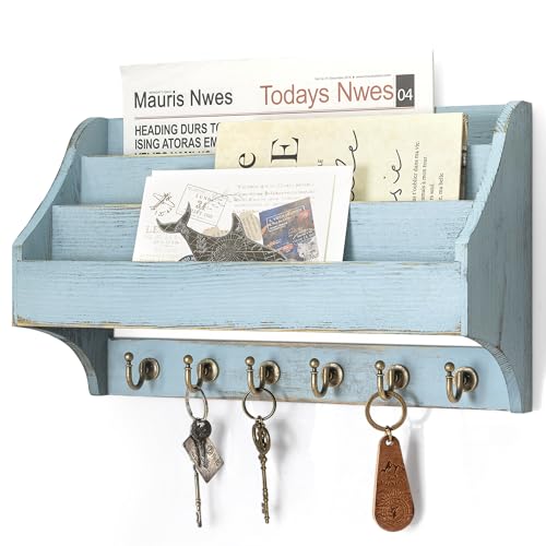 Rebee Vision Mail Organizer Wall Mounted with 6 Key Hooks for Home, Blue | Pine Wood, Key Holder Wall Mount, 3-Tier Mail Holder, key Hanger, File Organizer, Wall Organizer, Apartment Rustic Aesthetic - color: Blue