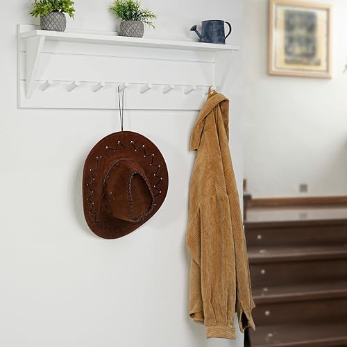 WEBI Coat Rack Wall Mount with Shelf,8 Peg Hooks,34" Long Entryway Wall Shelf with Hooks Underneath for Hanging Coats,Caps,Jacket,Clothes,White - color: White, size: 34 Inch