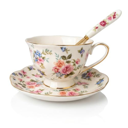 Noviko 6 oz Floral Ceramic Teacup and Saucer Set with Spoon | Set of 1, Afternoon Tea Party Gift for Women, Mom, Bridal Shower, Wedding - color: Multicolor