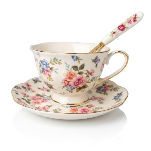 Noviko 6 oz Floral Ceramic Teacup and Saucer Set with Spoon | Set of 1, Afternoon Tea Party Gift for Women, Mom, Bridal Shower, Wedding - color: Multicolor