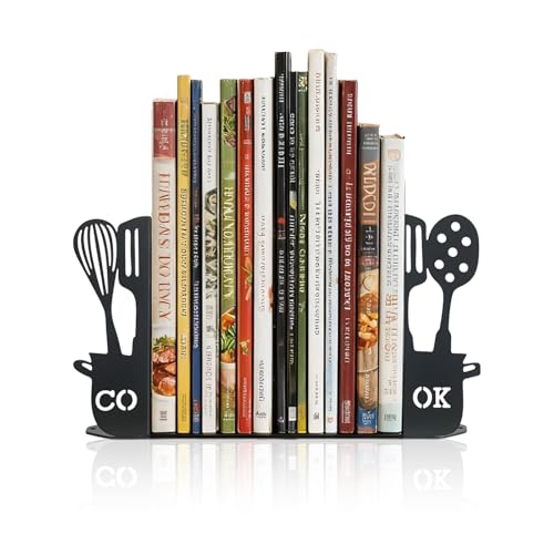 ENCIMART Metal Book Ends for Shelves, Kitchen Bookends Home Decorative Bookends for Heavy Books, Unique Cute Cookbook Organizer Book Holder for Kitchen Housewarming Cooking Book Lover Gifts, Black - color: Black Cook