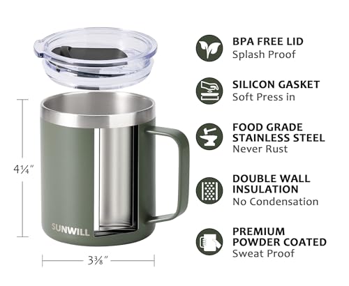 SUNWILL Travel Coffee Mug with Lid, Insulated Tumbler with Handle, 14 oz Stainless Steel Cup for Home, Office, Camping, Powder Coated Camp Green - color: Powder Coated Camp Green