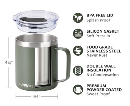 SUNWILL Travel Coffee Mug with Lid, Insulated Tumbler with Handle, 14 oz Stainless Steel Cup for Home, Office, Camping, Powder Coated Camp Green - color: Powder Coated Camp Green