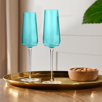 ARTLAND Soho Optic 8.5 oz Champagne Flute & 14 oz Goblet (8-Piece Set) - Stemmed Glasses for Weddings, Parties - Versatile Use Cocktails, Prosecco, Wine Ideal Gift Idea, Dishwasher Safe (Turquoise) - color: Light Turquoise, style: Goblet & Champagne Flute