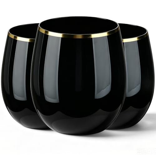 GuanQiao 24 Pack 12oz Black Plastic Wine Glasses with Gold Rim | Black Stemless Disposable Wine Cups, Shatterproof, BPA-Free Reusable Drinkware for Wedding, Party, New Year and Bridal Shower