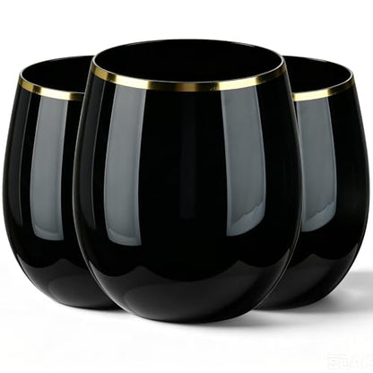 GuanQiao 24 Pack 12oz Black Plastic Wine Glasses with Gold Rim | Black Stemless Disposable Wine Cups, Shatterproof, BPA-Free Reusable Drinkware for Wedding, Party, New Year and Bridal Shower