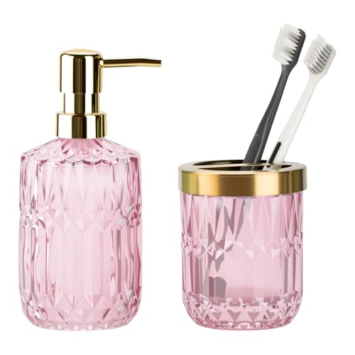 RRM Glass Bathroom Toothbrush Holder and Soap Dispenser Set, Pink | 2 Piece Bathroom Accessories Set for Modern Bathroom Decor and Housewarming Gift - color: Pink