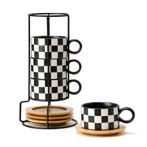 LUKA 6 Ounce Ceramic Stackable Black and White Checkered Espresso Cups with Saucers and Metal Stand Set of 4, Cappuccino Cups Set for Coffee Drinks, Latte, Cafe Mocha and Tea, Black Interior - color: 4BKG-Black & White