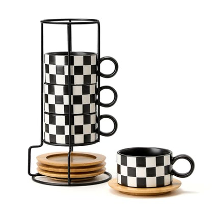 LUKA 6 Ounce Ceramic Stackable Black and White Checkered Espresso Cups with Saucers and Metal Stand Set of 4, Cappuccino Cups Set for Coffee Drinks, Latte, Cafe Mocha and Tea, Black Interior - color: 4BKG-Black & White