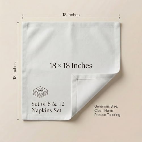 ACCENTHOME Cloth Napkins Set of 6 18x18 inch 100% Cotton Dinner Napkin Washable Hotel Quality Reusable Kitchen & Table Linen for Fall Thanksgiving Family Dinners Weddings & Everyday Use - White | 100% Pure Cotton Napkins, Economy Pack, Multi Purpose Use,