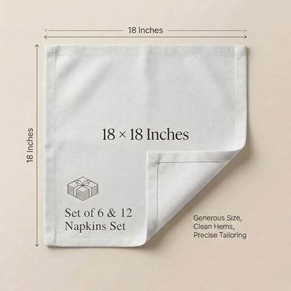 ACCENTHOME Cloth Napkins Set of 6 18x18 inch 100% Cotton Dinner Napkin Washable Hotel Quality Reusable Kitchen & Table Linen for Fall Thanksgiving Family Dinners Weddings & Everyday Use - White | 100% Pure Cotton Napkins, Economy Pack, Multi Purpose Use,