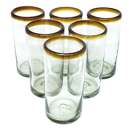 Amber Rim 20 oz Tall Iced Tea Glasses (set of 6) Mexican Handmade Glassware, Recycled Glass, Lead-free, Toxin-Free (Tall Iced Tea) - style: 20 oz Tall Iced Tea