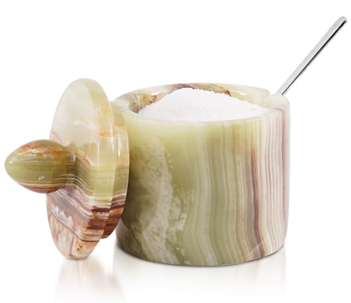 Marble Salt Cellar with Lid 4" Inch Green Handmade Table Salt Container & Sugar Bowl For Kitchen Countertop, Ideal Salt Dish & Salt Jar for Celtic Salts - color: Green onyx