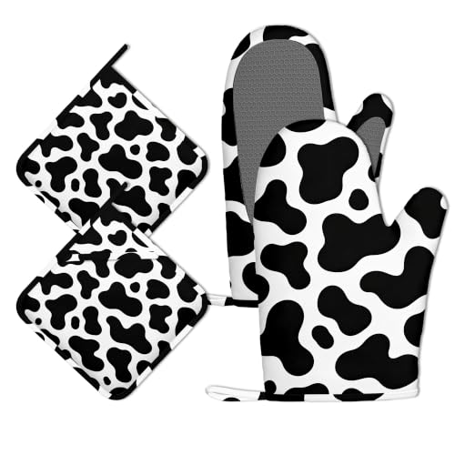 Cow Print Oven Mitts and Pot Holders Set of 4, Heat Resistant Non Slip Kitchen Gloves Hot Pads, Chef Cooking Baking Gifts for Women Bakers, Kitchen Gifts for Cooking Lover Cooks Mom - color: Cow Print