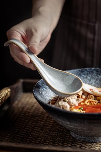 LYEOBOH Ceramic Asian Soup Spoons Set of 6, Ramen Spoons with Long Handle | Japanese Ramen Spoons with Deep Hook Design for Miso Rice, Chinese Soup Spoons for Kitchen, Dishwasher Microwave Safe, Gray - color: Gray