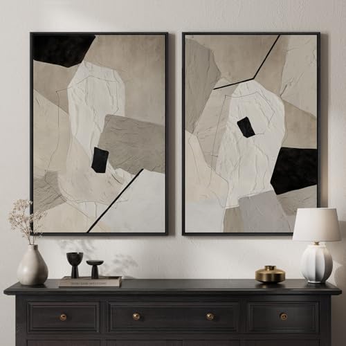 Framed Neutral Beige and Black Abstract Wall Art for Living Room, Set of 2 Modern Minimalist Canvas Artwork for Walls, Large Geometric Pictures Prints for Bedroom Office Hallway Wall Decor, 24x36 Inch - color: Minimalist Neutral