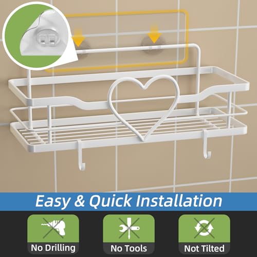 White Heart Shower Caddy,No Drilling Adhesive Shelves,2 Pack | Shower Shelf with 4 Removable Hooks,Holds 40 lbs,Rustproof Metal,For bathroom,kitchen,dorm,Cute Shower Organizer - color: White