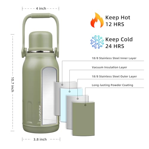 BJPKPK Stainless Steel Insulated Bottle with Handle & Strap, 40oz | Leak-proof vacuum insulation keeps drinks cold/hot for hours. BPA-free, dishwasher safe. Includes handle & strap. Army Green. - color: Army Green, size: 40 Ounces