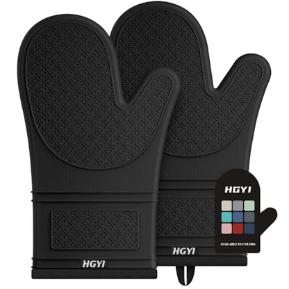 Silicone Oven Mitts, Heat Resistant Oven Gloves with Quilted Liner, Waterproof & Non-Slip Kitchen Mittens for Baking Cooking BBQ, 500°F, 12.5"-Black - color: Black