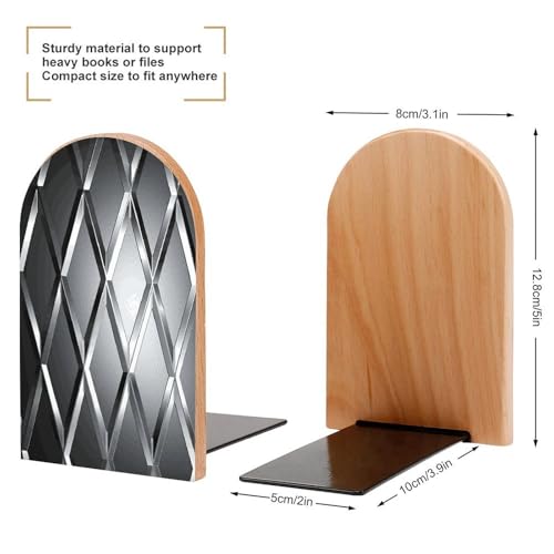 Silver Geometric Figure Bookends 1 Pair Heavy Duty Book Ends for Shelves Non-Skid Bookend Supports Wooden Book Holders with Metal Base Desk Organizers Books Storage to Hold Books