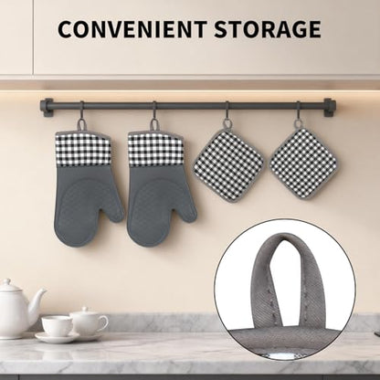 Tifanso 4PCS Heat Resistant Silicone Plaid Oven Mitts & Pot Holders, Grey | Non-Slip Grip Surface, Soft Cotton Lining, Ideal for Cooking Baking Grilling, Easy to Clean, Practical Kitchen Essential