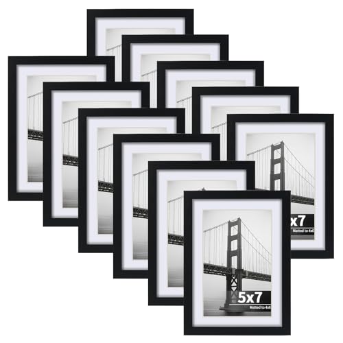 CRUGLA 5x7 Picture Frames Set of 11, Display Pictures 4x6 with Mat or 5 by 7 without Mat, Wall or Tabletop Display, Black - size: 5x7 Inch