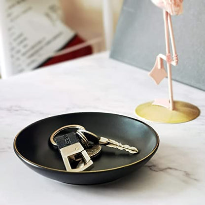 HANKOR 4.75" Ceramic Jewelry Tray, Small Ring Dish Holder Trinket Tray, Catch All Trays for Ring Earring Necklace Key, Christmas Gifts for Women Girls, Black - color: Black