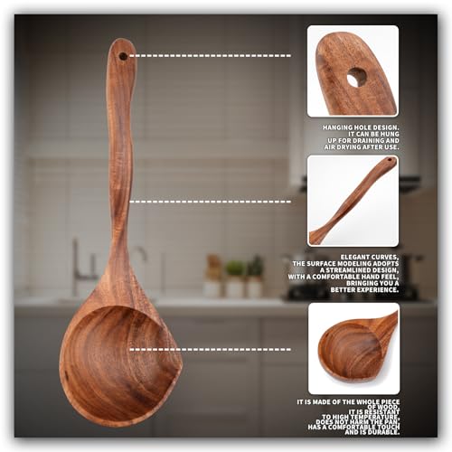 3 PCS Wooden Spoon Set, Natural Teak Large Soup Ladel for Cooking | Mixing Spoon,Durable, Nonstick Safe & Heat Resistant with Ergonomic Handles, Wooden Cooking Spoon,for Kitchen Tasks - size: 3 pieces (Teak)