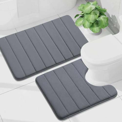 Buganda Memory Foam U-Shaped Toilet Rug Bath Mat Sets 2 Piece, 30x20+24x20 | Dark Grey, Bathroom Mat and Contoured Toilet Rug, Machine Wash Dry, Soft Absorbent Bath Rug for Bathroom, Shower and Tub - color: Dark Grey, size: 30" X 20"+24" X 20"