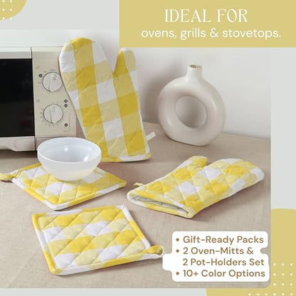 Buffalo Plaid Check Oven Mitts and Pot Holders Set, 100% Cotton, Heat Resistant, 2 Oven Gloves 7x13 Inches and 2 Hot Pads 8x8 Inches for Cooking and Baking, Lemon Yellow White - color: Lemon Yellow, Buffalo Plaid