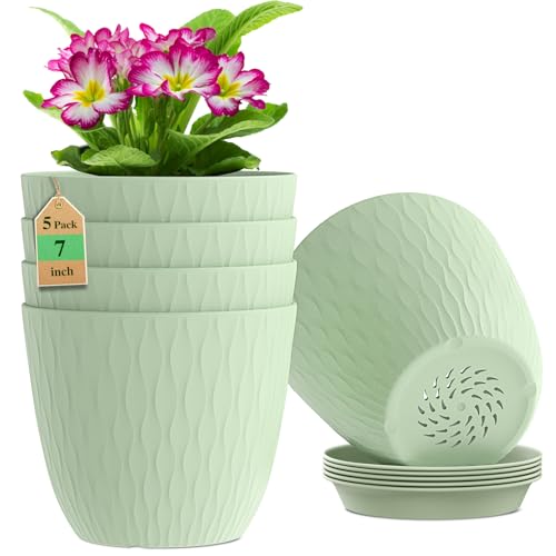 WSMKSZ 7 inch Flower Pots, 5 Pack Plant Pots with Drainage Holes and Saucers for Indoor Plants, Plastic Planters with Water Ripple for Small Garden House Plants, Nursery Pots for Succulent, Green - color: Green, size: 7inch 5pcs