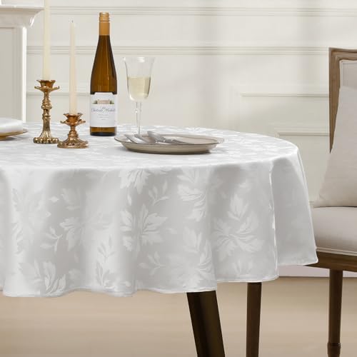 Romanstile Jacquard Round Tablecloth - Waterproof Damask Floral Pattern Decorative Table Cloth Heavy Weight Fabric Table Covers for Dinner, Parties, Outdoor - 70 Inch, White - color: Flower - White, size: 70" (Round)
