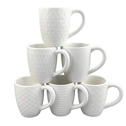 Schliersee 12 OZ White Ceramic Coffee Mugs Set of 6, Stylish Embossed Coffee Cups Set for Coffee, Tea, Milk, Cocoa, Cereal - color: White Coffee Mugs, size: 12 OZ