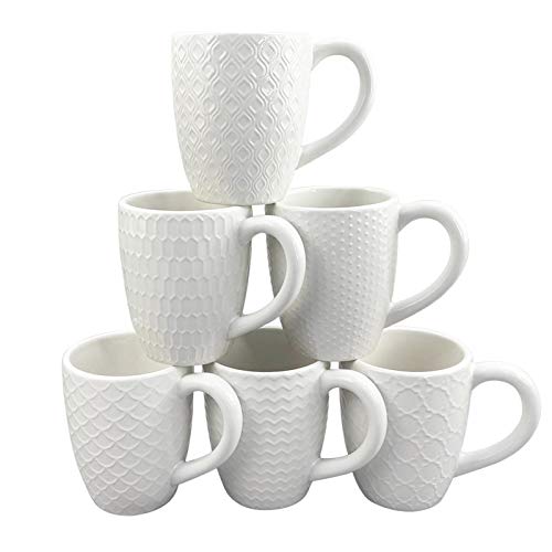 Schliersee 12 OZ White Ceramic Coffee Mugs Set of 6, Stylish Embossed Coffee Cups Set for Coffee, Tea, Milk, Cocoa, Cereal - color: White Coffee Mugs, size: 12 OZ