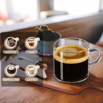 PARACITY Espresso Shot Glass Set of 2, 4.3 fl oz Clear Cups with Handles | Borosilicate bodies fit semi-automatic and pod machines, holding 3-4 shots for americano, latte, cappuccino, mocha or foam - size: 4.3 Ounces