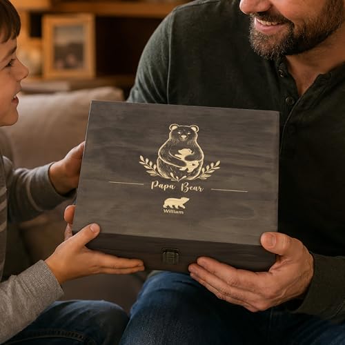 Personalized Wooden Memory Box for Dad – Custom Engraved Papa Bear Keepsake Box with Names, Father’s Day Gift for Gradpa Daddy, Photo Storage & Memory Chest - style: 17. Papa Bear Designs