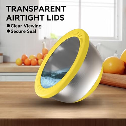 KITEISCAT Stainless Steel Mixing Bowls with Lids – Set of 5 Large Nesting Metal Bowls for Kitchen, Baking, Cooking, Food Prep & Storage, Non-Slip Base, Dishwasher Safe,Yellow - color: Yellow