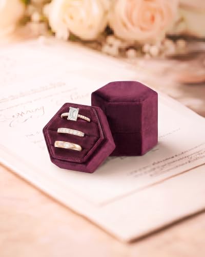 Velvet Jewelry Ring Box, 3 Slots Hexagon Engagement Wedding Ring Holder for Wedding Ceremony Proposal - color: Retro Red